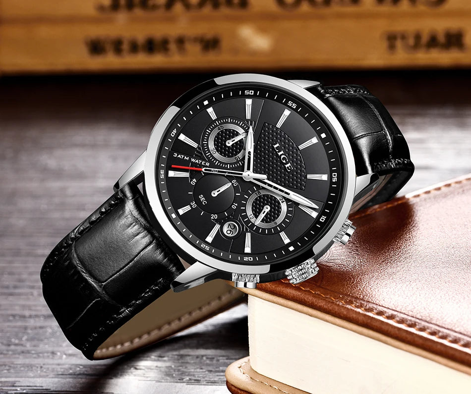 2023 New Mens Watches LIGE Top Brand Leather Chronograph Waterproof Sport Automatic Date Quartz Watch For Men Relogio Masculino