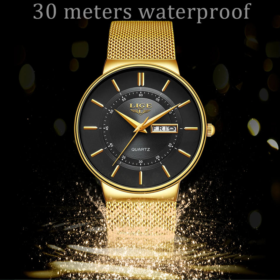 Relogio Masculino 2024 LIGE New Mens Watches Top Brand Luxury Ultra Thin Quartz Watch Men Steel Mesh Strap Waterproof Gold Watch