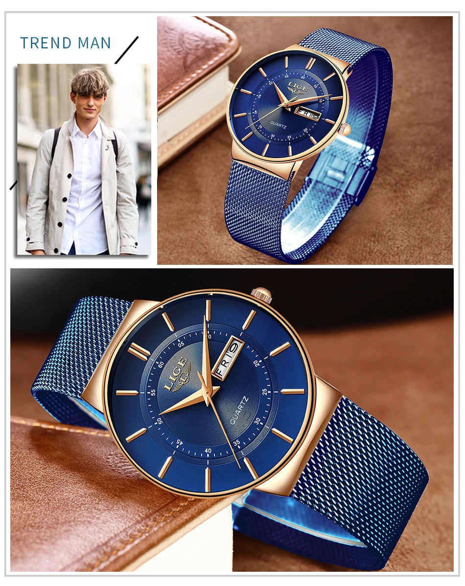 Relogio Masculino 2024 LIGE New Mens Watches Top Brand Luxury Ultra Thin Quartz Watch Men Steel Mesh Strap Waterproof Gold Watch