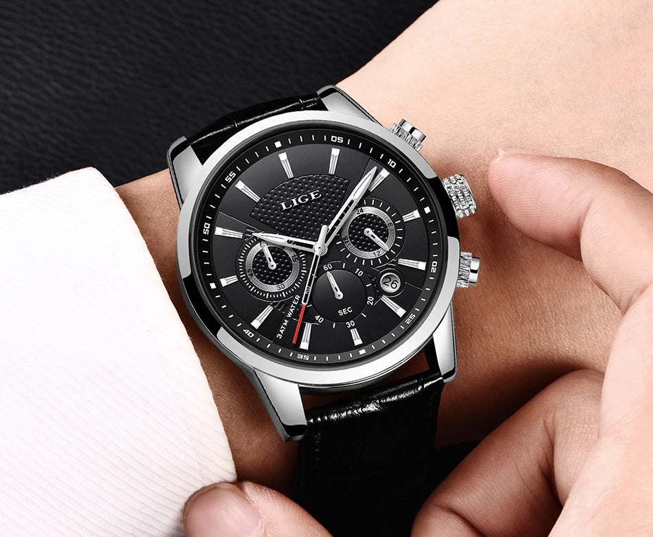 2023 New Mens Watches LIGE Top Brand Leather Chronograph Waterproof Sport Automatic Date Quartz Watch For Men Relogio Masculino
