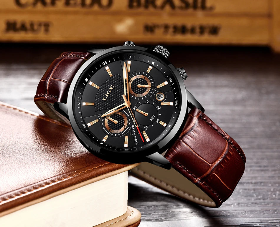 2023 New Mens Watches LIGE Top Brand Leather Chronograph Waterproof Sport Automatic Date Quartz Watch For Men Relogio Masculino