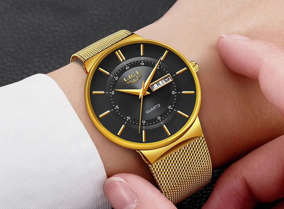 Relogio Masculino 2024 LIGE New Mens Watches Top Brand Luxury Ultra Thin Quartz Watch Men Steel Mesh Strap Waterproof Gold Watch