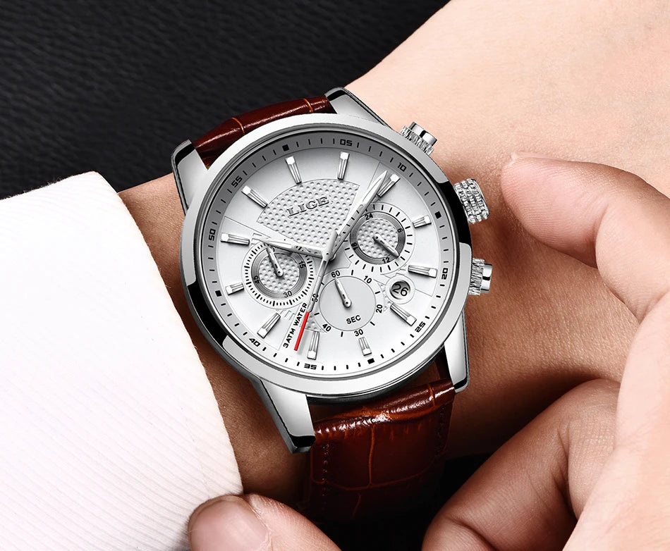 2023 New Mens Watches LIGE Top Brand Leather Chronograph Waterproof Sport Automatic Date Quartz Watch For Men Relogio Masculino