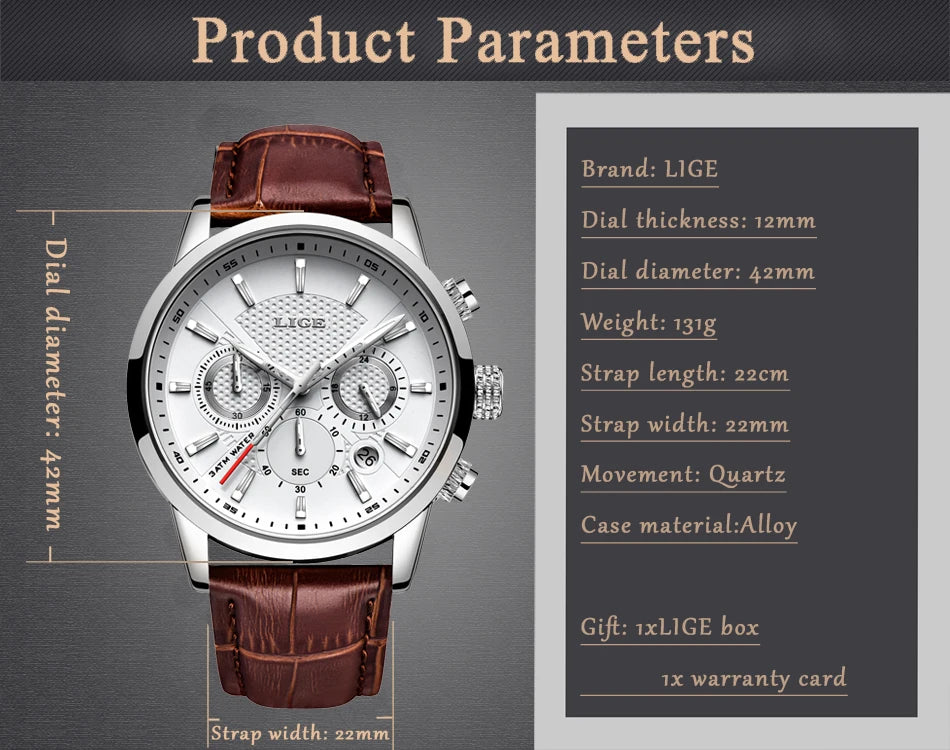 2023 New Mens Watches LIGE Top Brand Leather Chronograph Waterproof Sport Automatic Date Quartz Watch For Men Relogio Masculino