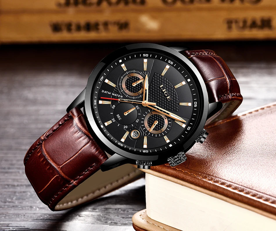 2023 New Mens Watches LIGE Top Brand Leather Chronograph Waterproof Sport Automatic Date Quartz Watch For Men Relogio Masculino