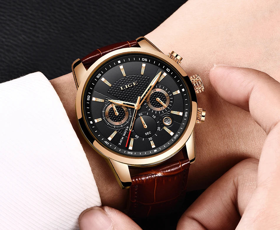 2023 New Mens Watches LIGE Top Brand Leather Chronograph Waterproof Sport Automatic Date Quartz Watch For Men Relogio Masculino