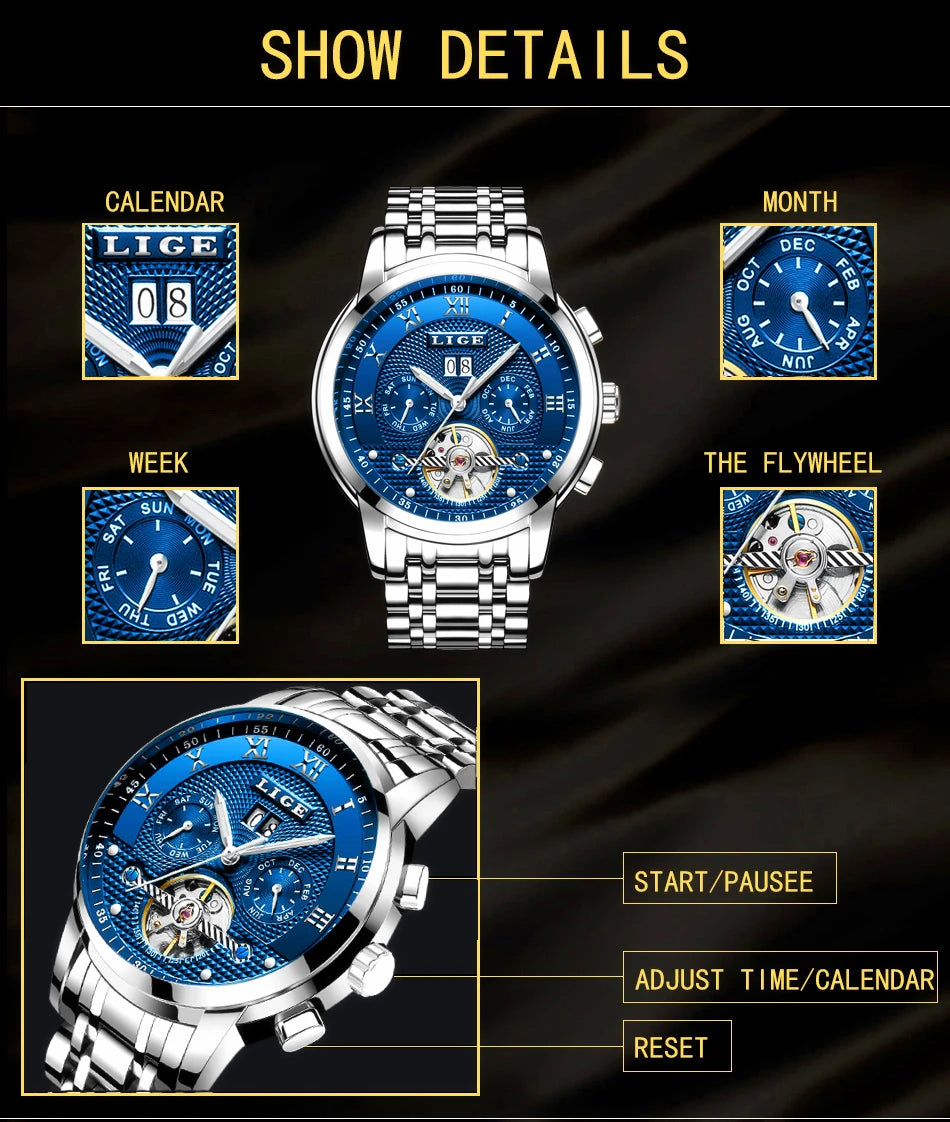 LIGE Mens Watches Fashion Top Brand Luxury Business Automatic Mechanical Watch Men Casual Waterproof Watch Relogio Masculino+Box