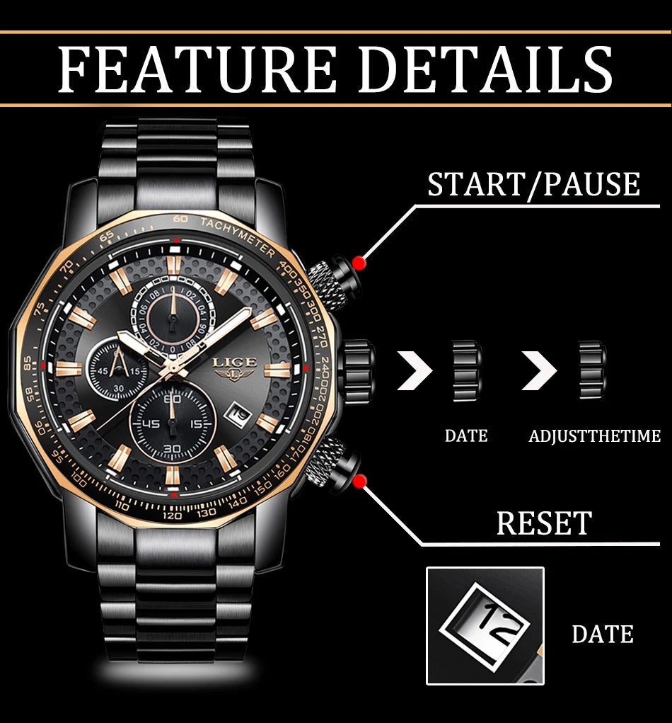 Relogio Masculino LIGE New Sport Chronograph Mens Watches Top Brand Luxury Full Steel Quartz Clock Waterproof Big Dial Watch Men