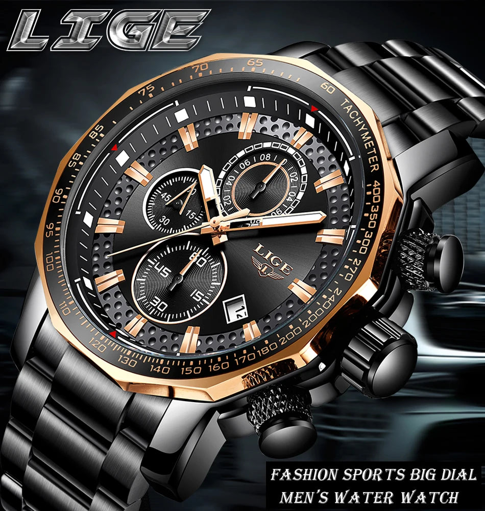 Relogio Masculino LIGE New Sport Chronograph Mens Watches Top Brand Luxury Full Steel Quartz Clock Waterproof Big Dial Watch Men