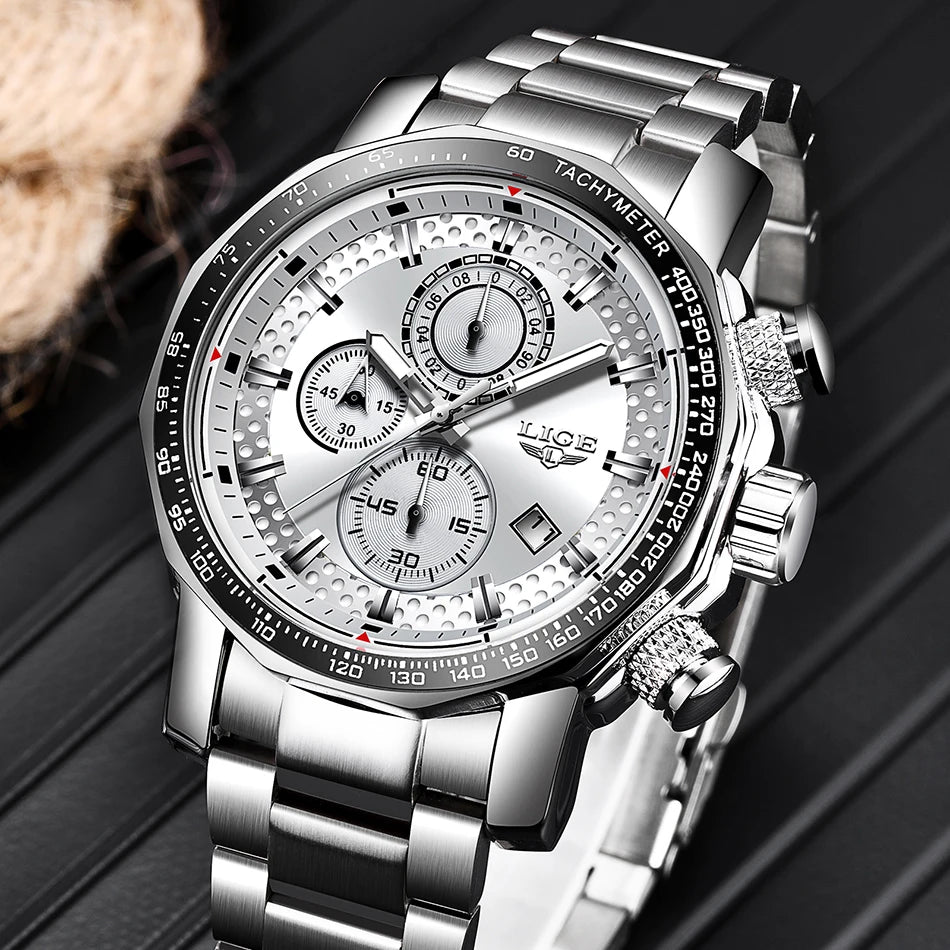 Relogio Masculino LIGE New Sport Chronograph Mens Watches Top Brand Luxury Full Steel Quartz Clock Waterproof Big Dial Watch Men