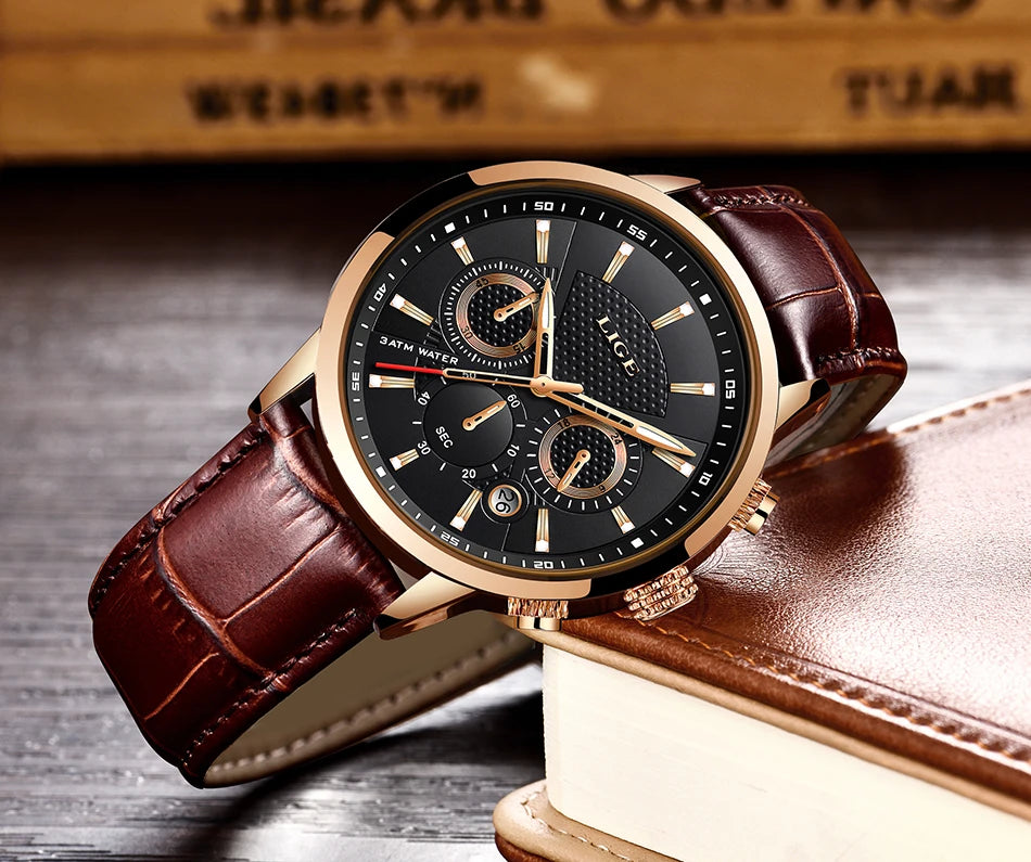 2023 New Mens Watches LIGE Top Brand Leather Chronograph Waterproof Sport Automatic Date Quartz Watch For Men Relogio Masculino