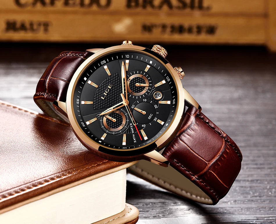 2023 New Mens Watches LIGE Top Brand Leather Chronograph Waterproof Sport Automatic Date Quartz Watch For Men Relogio Masculino