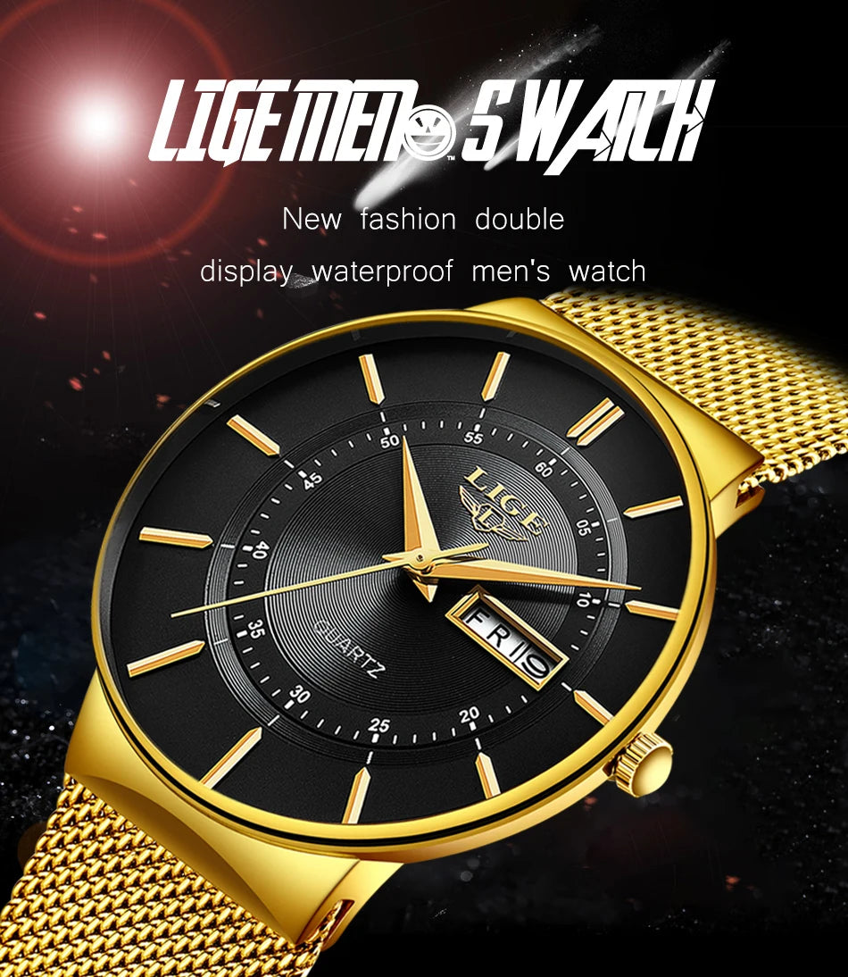 Relogio Masculino 2024 LIGE New Mens Watches Top Brand Luxury Ultra Thin Quartz Watch Men Steel Mesh Strap Waterproof Gold Watch
