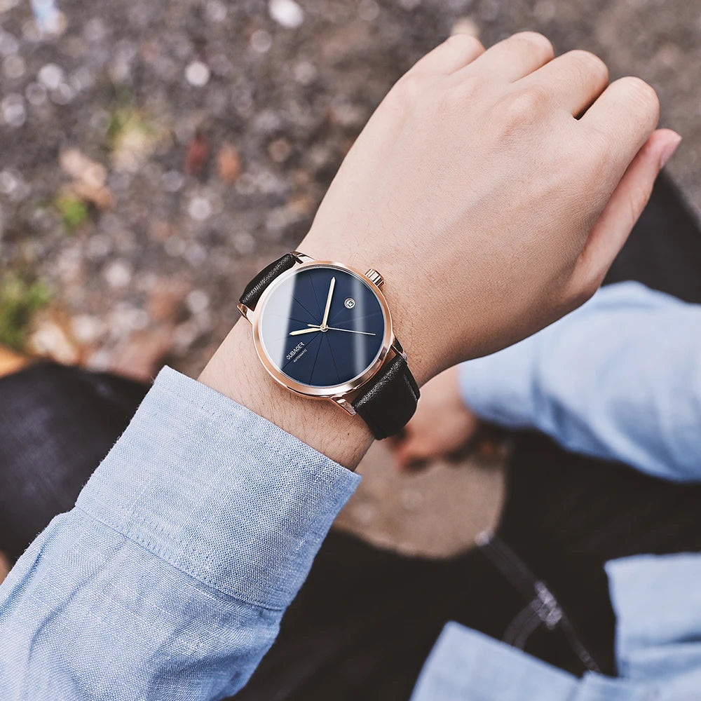 2025 OUBAOER Men Watch Automatic Mechanical Watches Bussiness Leather Strap Wristwatches Waterproof Classic Minimalist Clocks