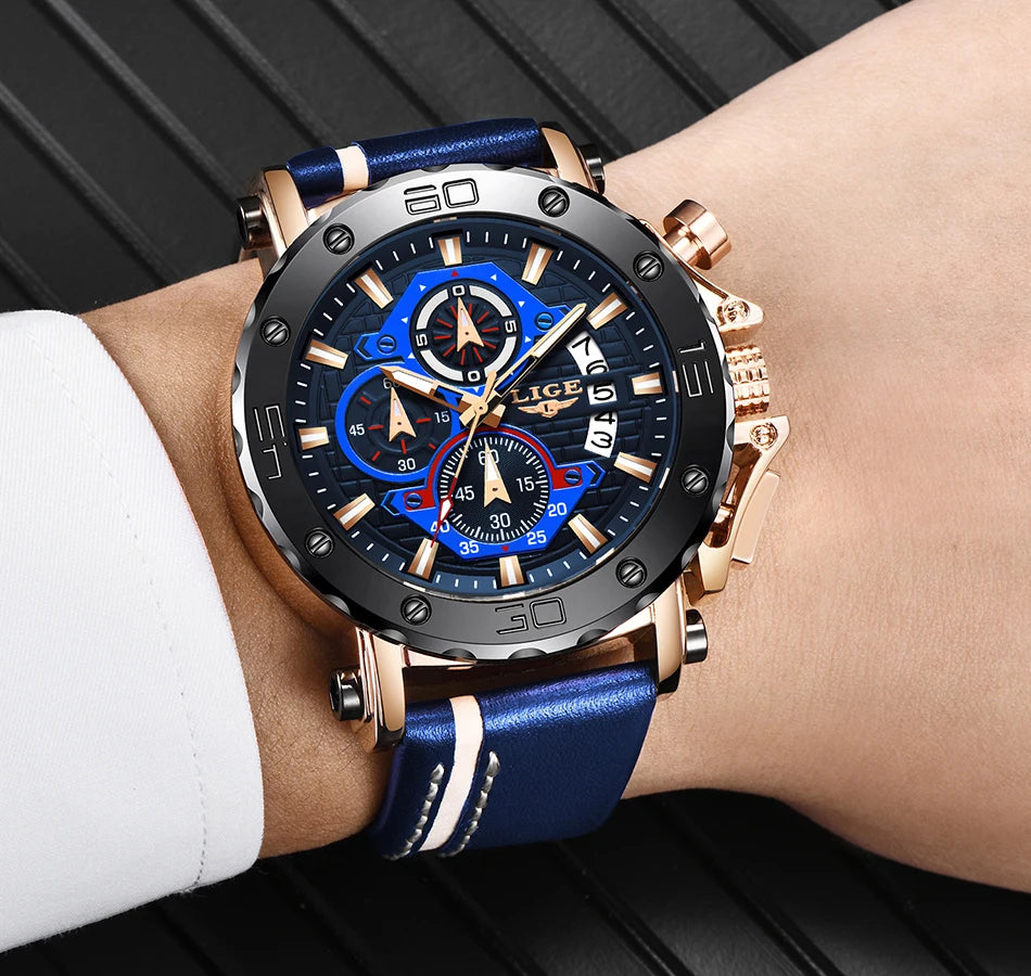2025 LIGE New Mens Watches Top Brand Luxury Big Dial Military Quartz Watch Leather Waterproof Sport Wristwatch Relogio Masculino