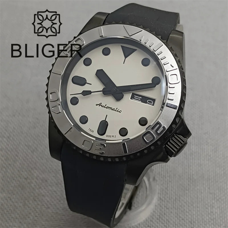 BLIGER 40mm Watch for Men NH36 Movement Week-day Display Function Full Black Dial Curved Luxury Business Waterproof Watch