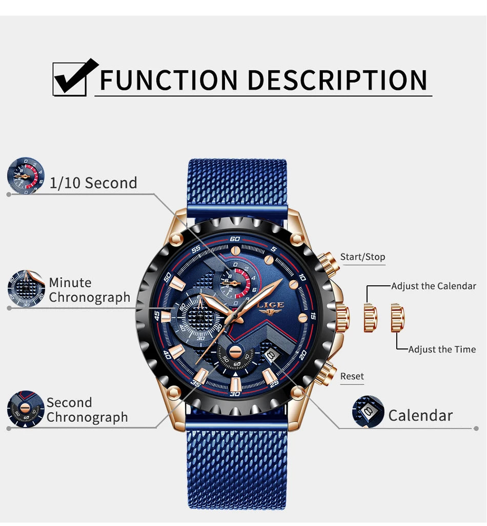 2025 New LIGE Blue Casual Mesh Belt Fashion Quartz Wristwatches Mens Watches Top Brand Luxury Waterproof Clock Relogio Masculino
