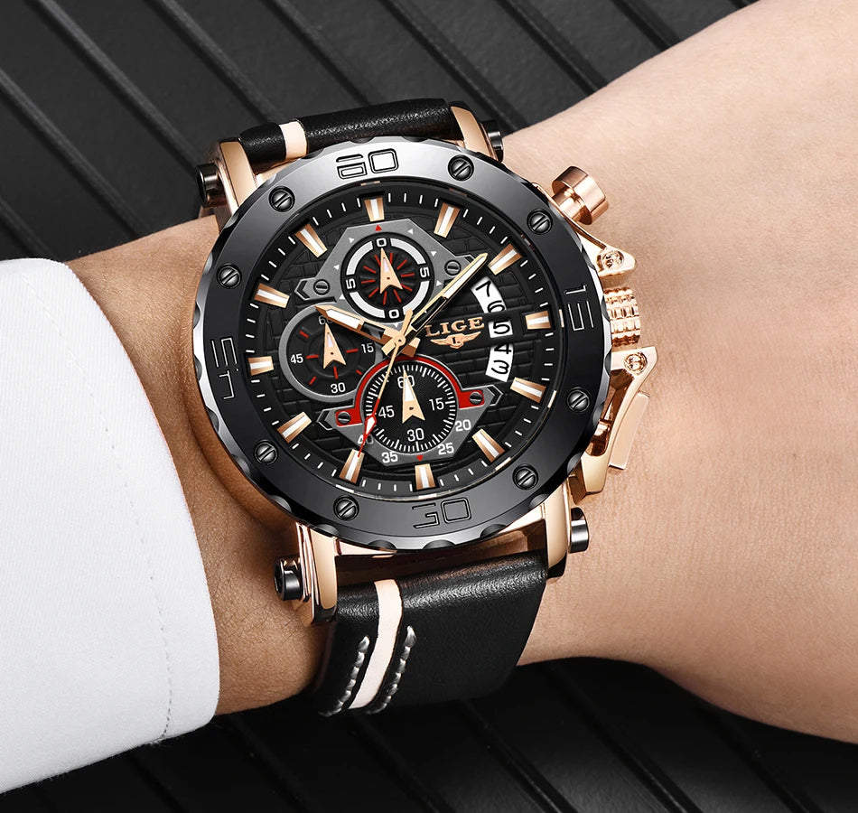 2025 LIGE New Mens Watches Top Brand Luxury Big Dial Military Quartz Watch Leather Waterproof Sport Wristwatch Relogio Masculino