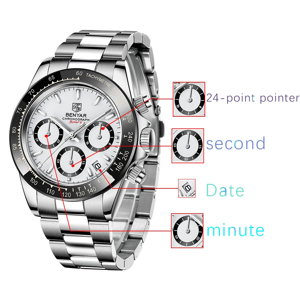 Relojes Hombre 2024 BENYAR New  Watches Men Luxury Brand Chronograph Male Sport Watches Waterproof Stainless Steel Quartz  Watch