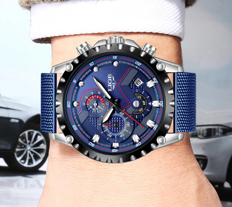 2025 New LIGE Blue Casual Mesh Belt Fashion Quartz Wristwatches Mens Watches Top Brand Luxury Waterproof Clock Relogio Masculino