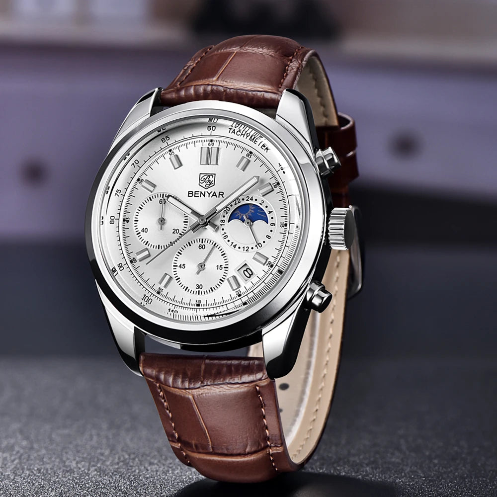 Luxury Men Quartz Wristwatches Top Brand Genuine Leather Chronograph 30M Waterproof Sport Watch Men Reloj Hombre Dropshipping