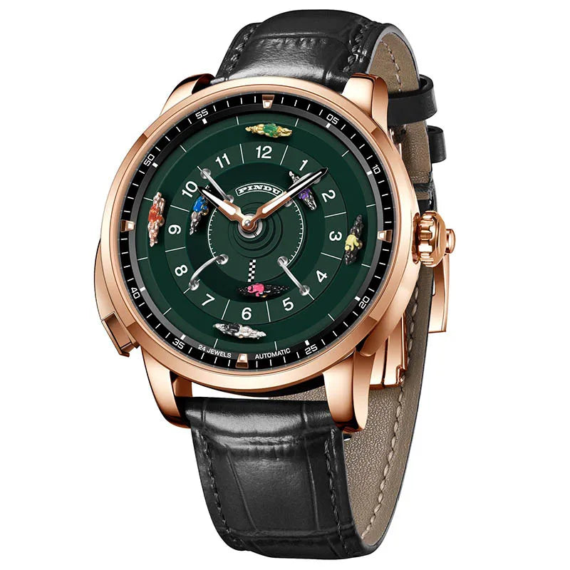 Pindu Designs NH35 Men's Mechanical Watch Press Button Turn Horse Riding Roulette Blue Sapphire Mirror Miyota Movement Jacob