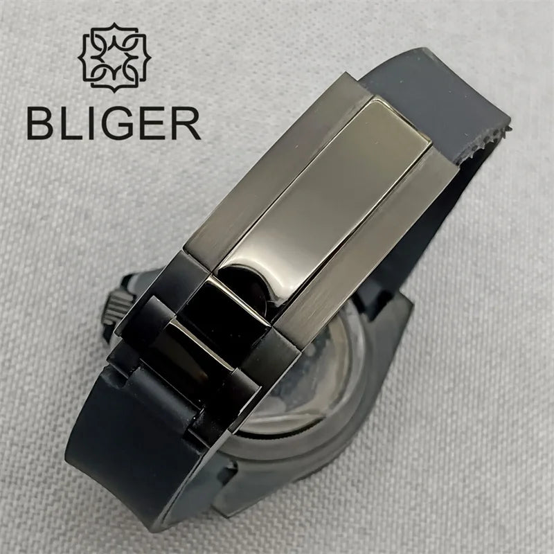 BLIGER 40mm Watch for Men NH36 Movement Week-day Display Function Full Black Dial Curved Luxury Business Waterproof Watch