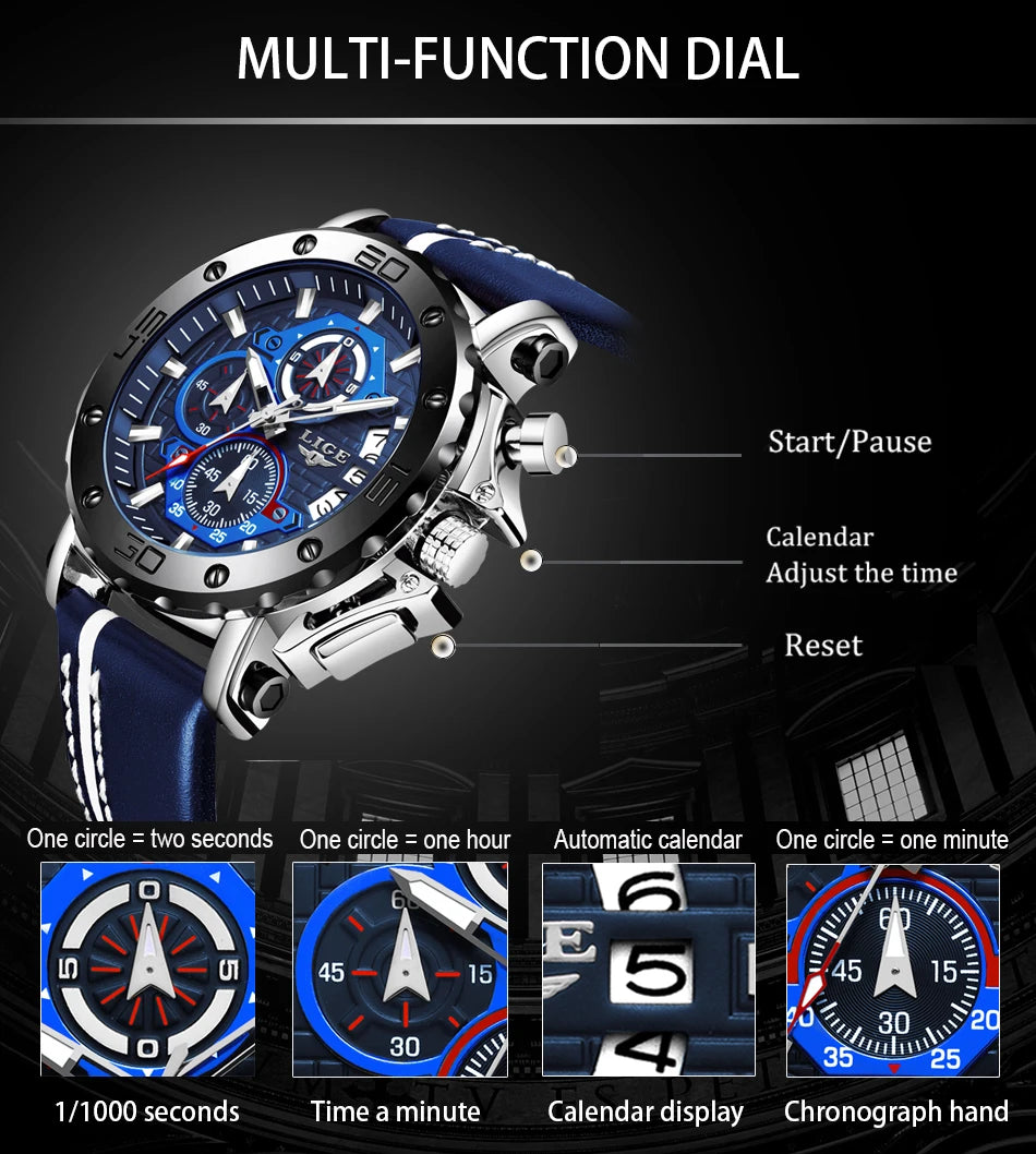 2025 LIGE New Mens Watches Top Brand Luxury Big Dial Military Quartz Watch Leather Waterproof Sport Wristwatch Relogio Masculino