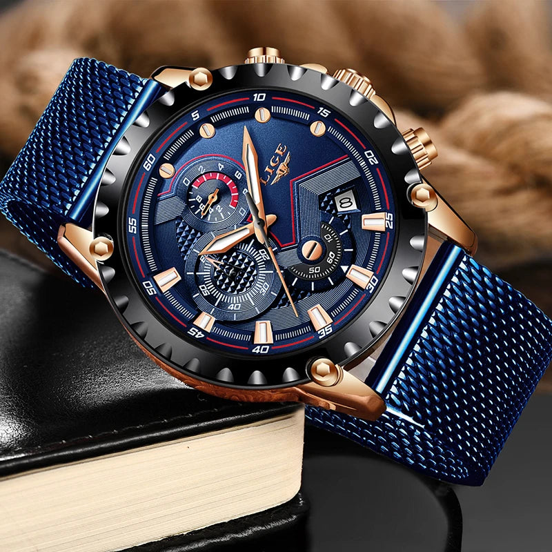 2025 New LIGE Blue Casual Mesh Belt Fashion Quartz Wristwatches Mens Watches Top Brand Luxury Waterproof Clock Relogio Masculino