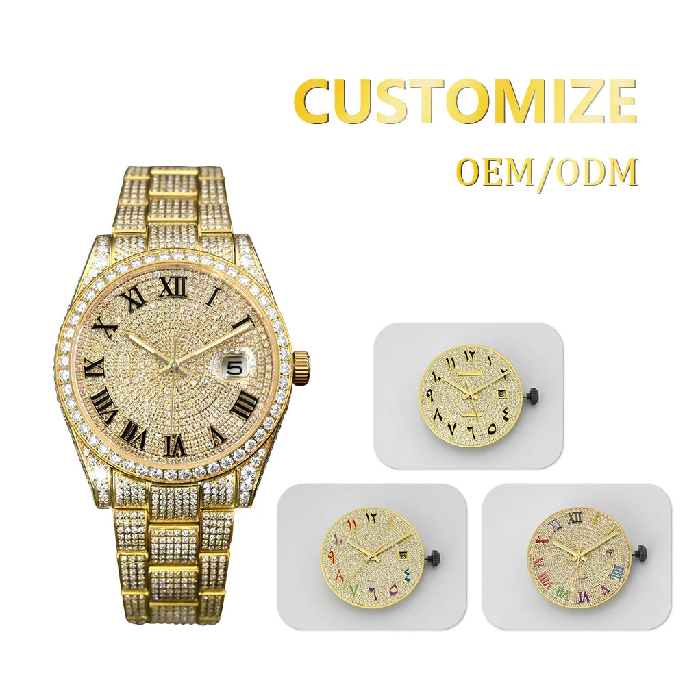 Hip Hop Bust Down Custom Automatic Mechanical Watches Luxury Brand Gold Iced Out VVS Moissanite Diamond Watch for Men ODM OEM