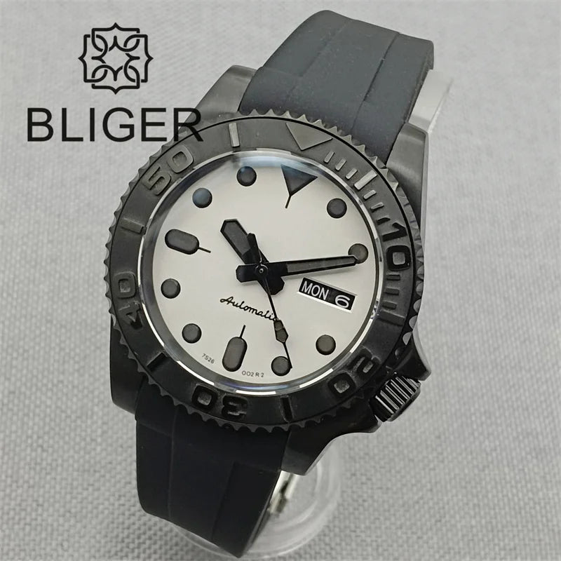 BLIGER 40mm Watch for Men NH36 Movement Week-day Display Function Full Black Dial Curved Luxury Business Waterproof Watch