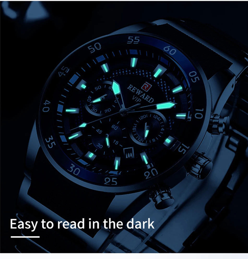 REWARD Big Dial Mens Watches Top Luxury Brand Sport Waterproof Watch Men Chronograph Quartz Clock Automatic Date WristWatches