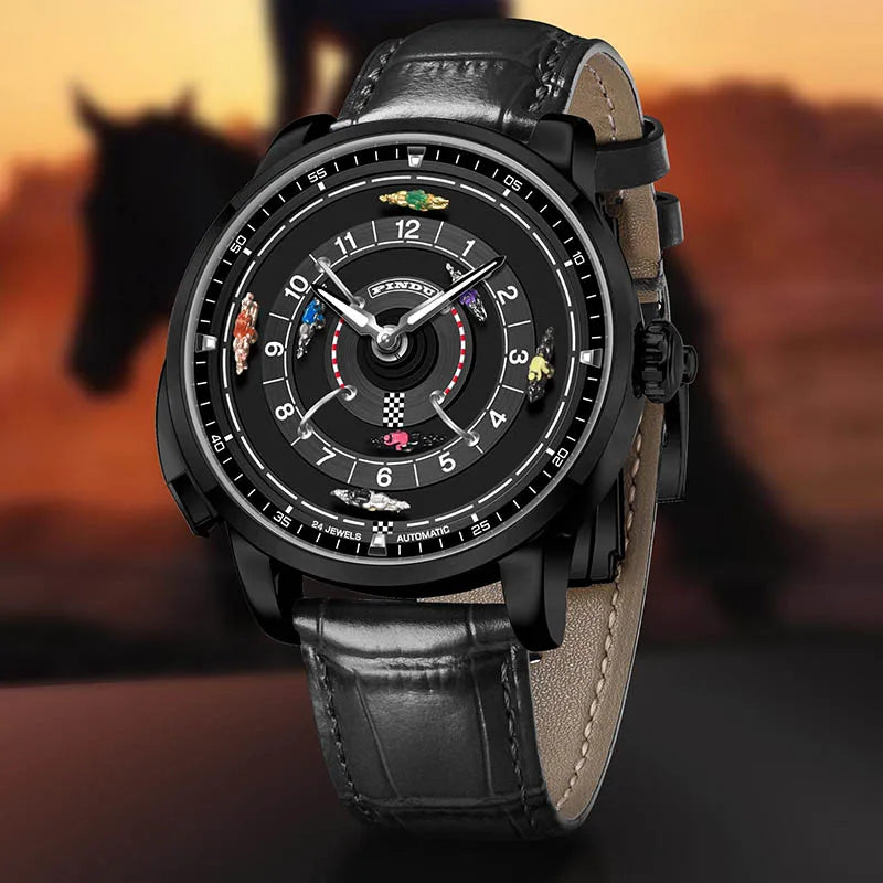 Pindu Designs NH35 Men's Mechanical Watch Press Button Turn Horse Riding Roulette Blue Sapphire Mirror Miyota Movement Jacob