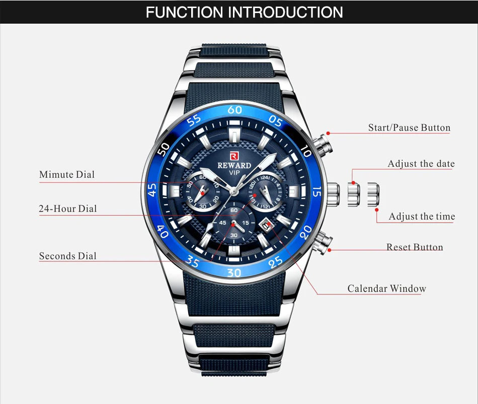 REWARD Big Dial Mens Watches Top Luxury Brand Sport Waterproof Watch Men Chronograph Quartz Clock Automatic Date WristWatches