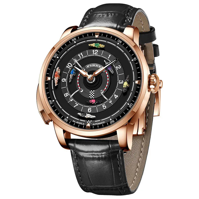 Pindu Designs NH35 Men's Mechanical Watch Press Button Turn Horse Riding Roulette Blue Sapphire Mirror Miyota Movement Jacob