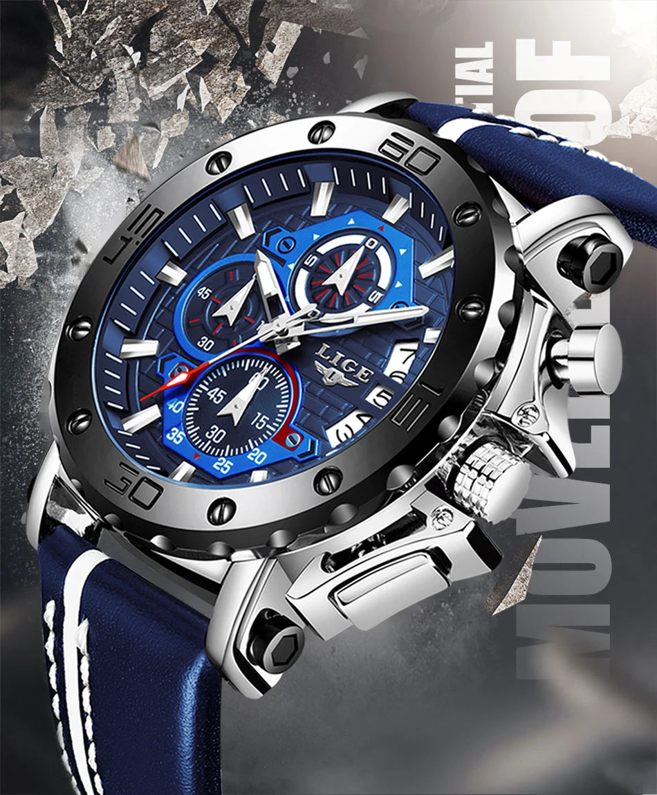 2025 LIGE New Mens Watches Top Brand Luxury Big Dial Military Quartz Watch Leather Waterproof Sport Wristwatch Relogio Masculino