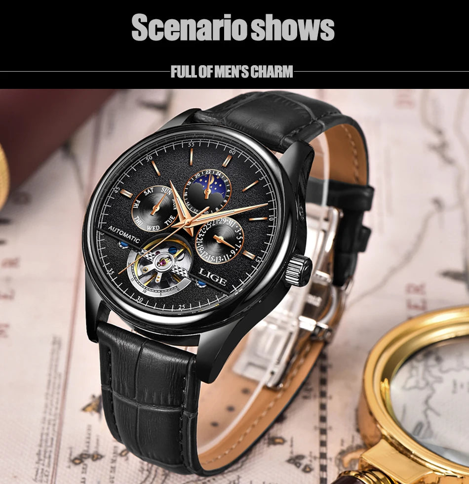 Relogio Masculino 50M Waterproof Mens Watches New LIGE Top Brand Luxury Automatic Mechanical Watch Man Leather Watch Week Clock