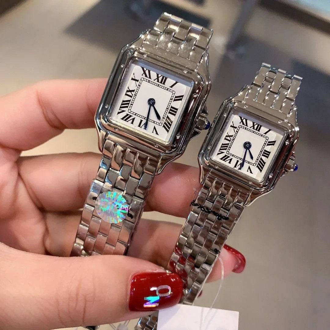 Women Men Famous Brand Design square Watch Pathere Clock Two Tone Gold Color Quartz Stainless Steel Leopard Wrist Watches