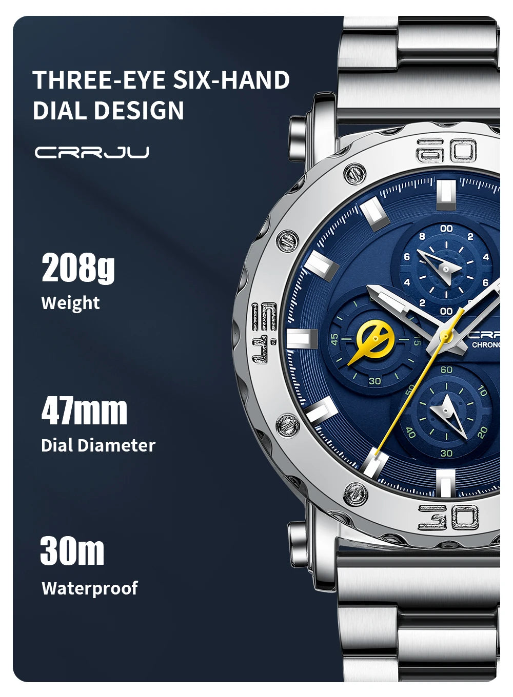 CRRJU Watch for Men Top Brand Luxury Big Dial Stainless Steel Waterproof Chronograph Wristwatches with Date Relogio Masculino