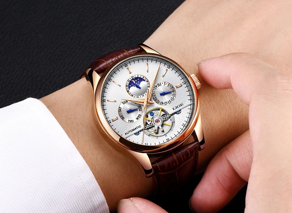 Relogio Masculino 50M Waterproof Mens Watches New LIGE Top Brand Luxury Automatic Mechanical Watch Man Leather Watch Week Clock
