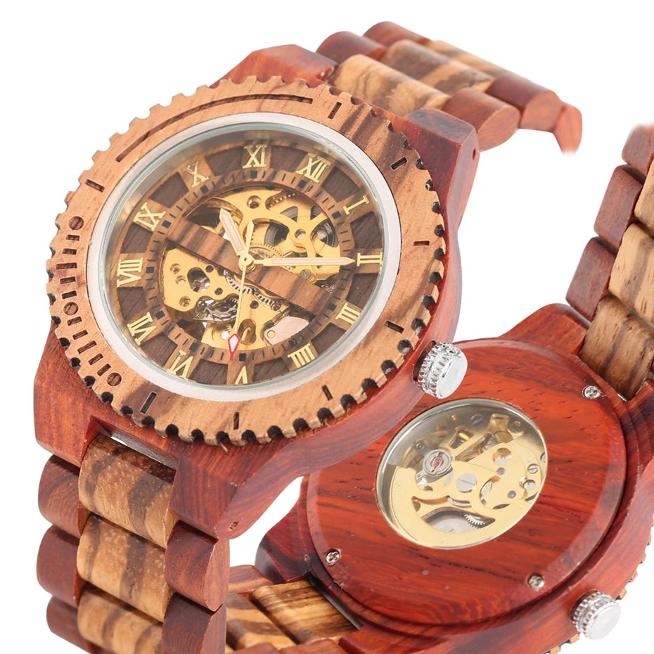 Top Brand Luxury Mens Watches Round Automatic Watch for Men Fashion Wood Clock Adjustable Wooden Bracelet Mechanical Wristwatch