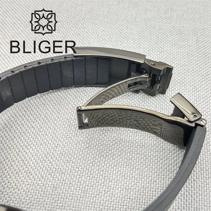 BLIGER 40mm Watch for Men NH36 Movement Week-day Display Function Full Black Dial Curved Luxury Business Waterproof Watch