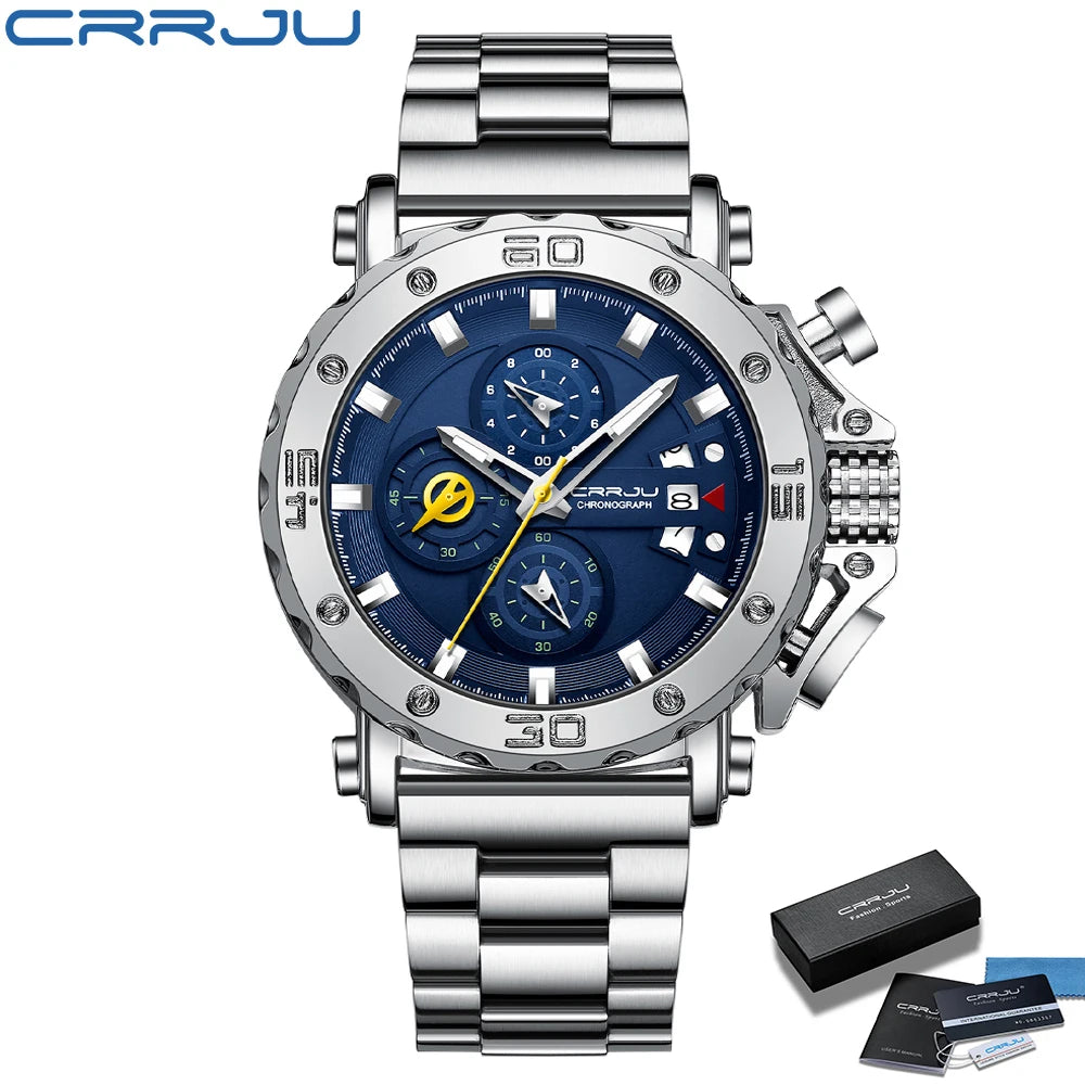 Relogio Masculino CRRJU Sport Chronograph Mens Watches Top Brand Luxury Full Steel Quartz Clock Waterproof Big Dial Watch Men