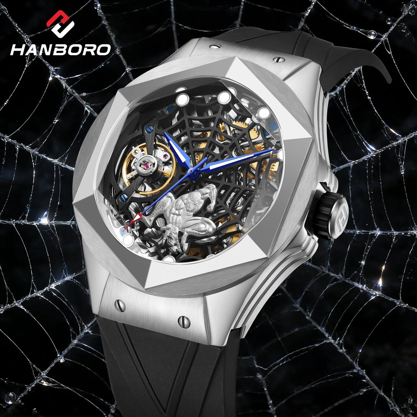 Wholesale Custom Men Trendy Fashion Automatic Watch Sapphire Hollow Flywheel Spider Web Dial Personalized Style Mechanical Watch
