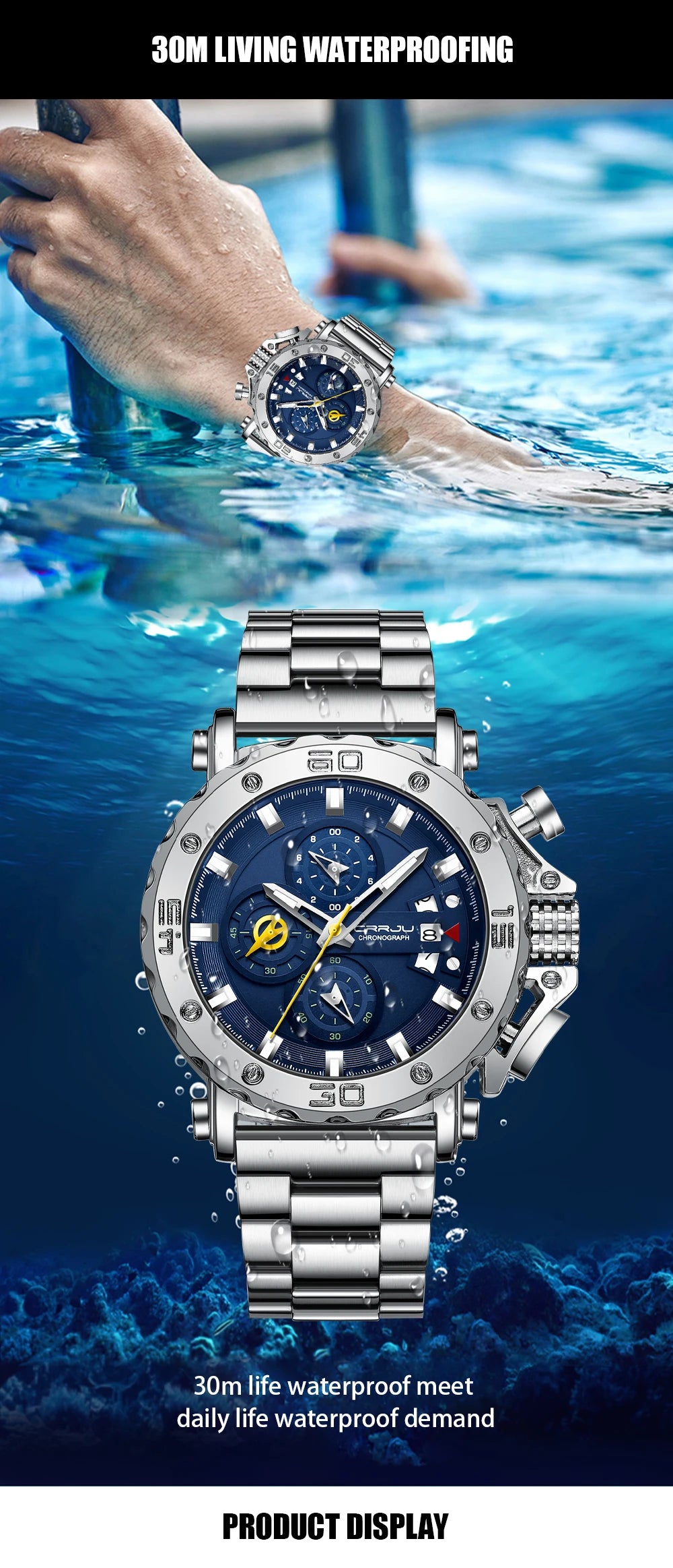 CRRJU Watch for Men Top Brand Luxury Big Dial Stainless Steel Waterproof Chronograph Wristwatches with Date Relogio Masculino