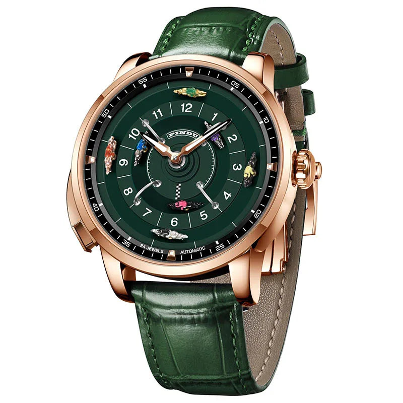 Pindu Designs NH35 Men's Mechanical Watch Press Button Turn Horse Riding Roulette Blue Sapphire Mirror Miyota Movement Jacob