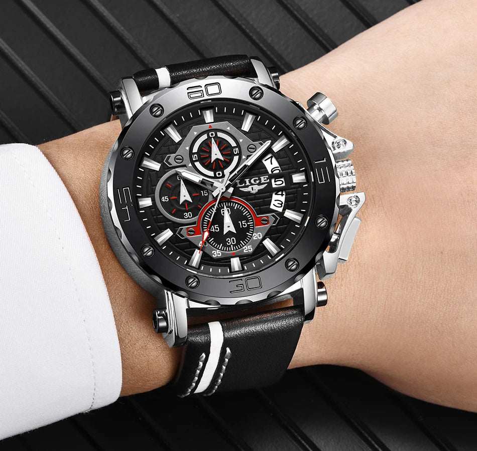 2025 LIGE New Mens Watches Top Brand Luxury Big Dial Military Quartz Watch Leather Waterproof Sport Wristwatch Relogio Masculino