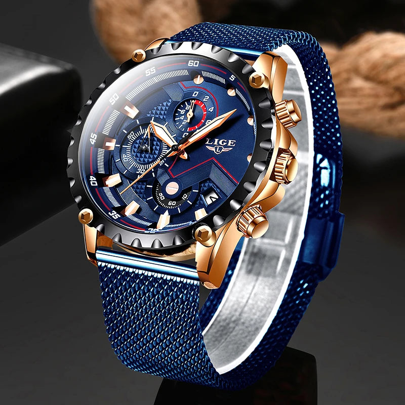 2025 New LIGE Blue Casual Mesh Belt Fashion Quartz Wristwatches Mens Watches Top Brand Luxury Waterproof Clock Relogio Masculino
