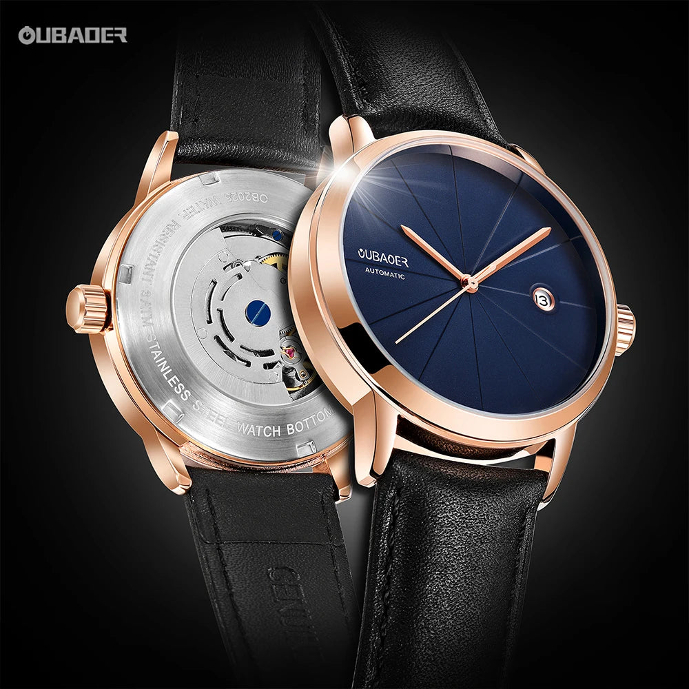 2025 OUBAOER Men Watch Automatic Mechanical Watches Bussiness Leather Strap Wristwatches Waterproof Classic Minimalist Clocks