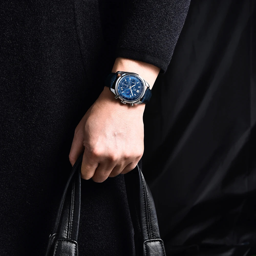 Luxury Men Quartz Wristwatches Top Brand Genuine Leather Chronograph 30M Waterproof Sport Watch Men Reloj Hombre Dropshipping
